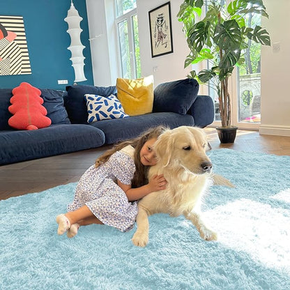 OLANLY 8x10 Machine Washable Large Area Rugs for Living Room, Bedroom, Soft Fluffy Shaggy Bedside Rug, Indoor Floor Carpet for Kids Girls and Boys, Dorms, Nursery, Home Decor Aesthetic, Light Blue