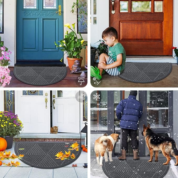Smiry Half Circle Front Door Mat Outside Entrance, Heavy Duty Sturdy Natural Rubber Doormat, Trap Dirt and Moisture, Low Profile Mats for Indoor Outdoor Entry, Irregular Triangle (29.5x17, Grey)