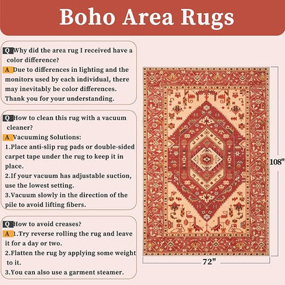 SERISSA 6x9 Area Rugs for Living Room, Large Washable Non-Slip Boho Rug, Ultra Soft Vintage Red Oriental Tribal Print Distressed Carpet for Dining Room Bedroom Dorm Office Home Decor