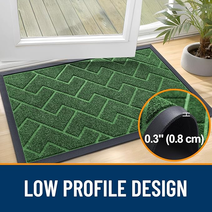 OLANLY Front Door Mat Indoor Outdoor Entrance, Waterproof All-Season, All-Weather Doormat, Sturdy Natural Rubber, Low Profile, Easy Clean Patio Porch Entryway Mat, Herringbone Brick (Green, 59x35)