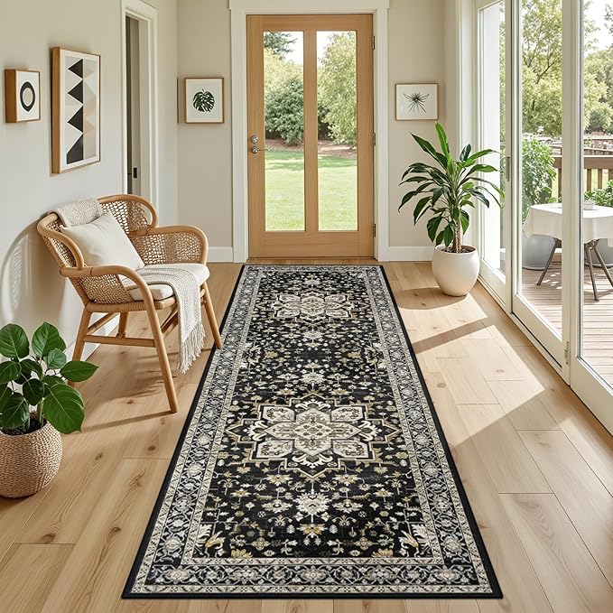 Hallway Runner Rug Non Slip - Washable 2.6x8 Kitchen Rugs for Living Room, Low-Pile Soft Bedroom Rug Indoor Floor Stain Resistant Carpets for Entryway, Laundry, Bathroom Black Gold
