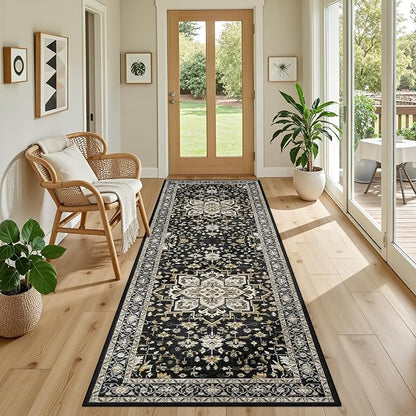 Hallway Runner Rug Non Slip - Washable 2.6x8 Kitchen Rugs for Living Room, Low-Pile Soft Bedroom Rug Indoor Floor Stain Resistant Carpets for Entryway, Laundry, Bathroom Black Gold