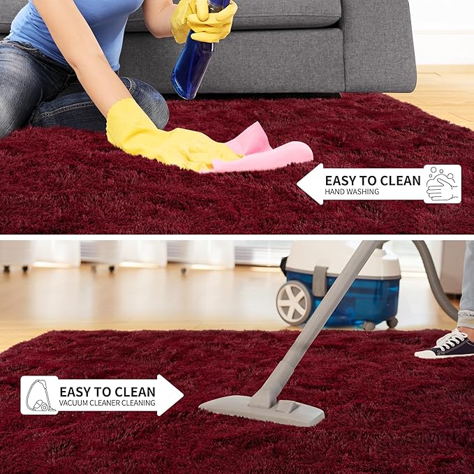 Tepook Soft Fluffy Rugs for Living Room, 5x8 Shaggy Area Rug for Bedroom, Modern Shag Rug Fuzzy Carpets for Kids, Plush Indoor Nursery Home Decor Rug with Non-Slip Bottom, Burgundy Red