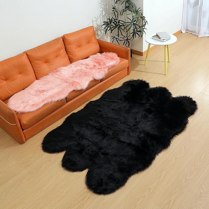 linmopm Faux Fur Rug Sheepskin Shag Fluffy Fuzzy Black 4x6 ft Rugs for Bedroom Bedside Bed Floor Living Room Plush High-Density Cushion Carpet Super Sofa Cover