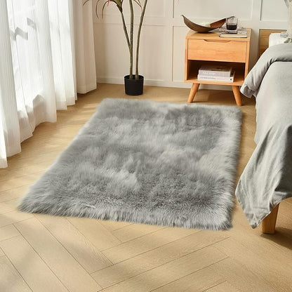 duduta Grey Faux Sheepskin Fur Rug 3x5 ft, Fluffy Shag Bedroom Dorm Nursery Playroom Carpet Rug Non Slip Washable