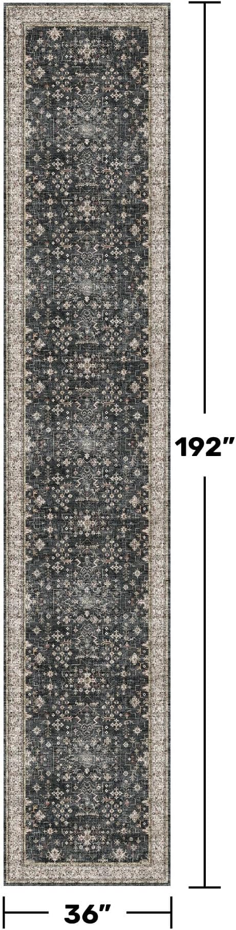 Hazo Haus Black Boho Washable 3x16 Extra Long Runner Rug for Hallway, Waterproof Large Kitchen Floor Rug, Non-Slip Stain & Fade Resistant, Vintage Floral Decor