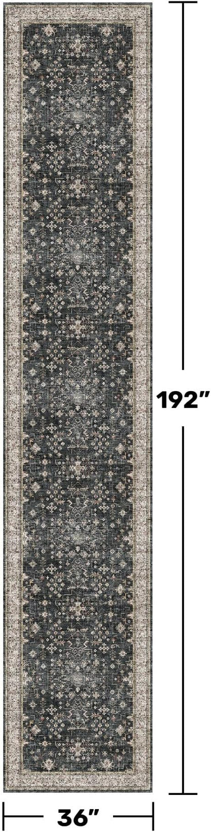 Hazo Haus Black Boho Washable 3x16 Extra Long Runner Rug for Hallway, Waterproof Large Kitchen Floor Rug, Non-Slip Stain & Fade Resistant, Vintage Floral Decor