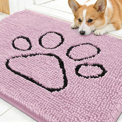 OLANLY Dog Door Mat for Muddy Paws 30x20, Paw Print Design, Absorbs Moisture and Dirt, Non-Slip Washable Doormat, Quick Dry Chenille Mud Mat for Dogs, Entry Indoor Entryway Carpet, Dusty Rose