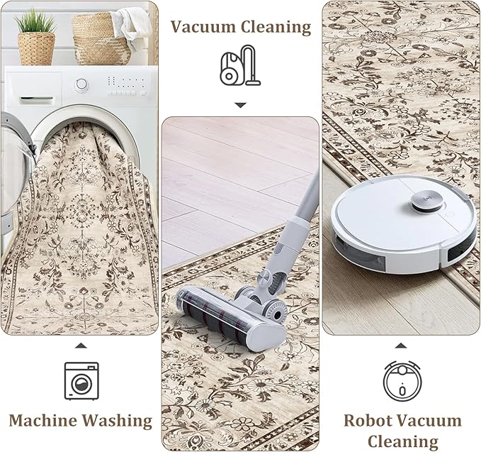 Yamaziot Washable Runner Rug 2x6 – Non Slip Boho Floral Hallway Runner Rug with Rubber Backing, Low Pile Faux Wool Distressed Carpet for Kitchen, Laundry, Bedroom, Entrance, Brown