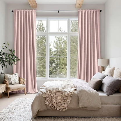 MIULEE 100% Blackout Linen Curtains for Bedroom, Pink Solid Luxury Decor Thermal Insulation Room Darkening Drapes for Living Room Nursery Back Tab Rod Pocket 42 x 90 Inches, 2 Panels