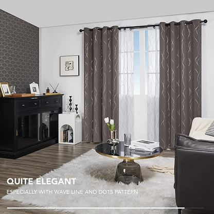 Deconovo Blackout Curtains, Thermal Insulaed Soundproof Drapes, Wave Dots Silver Print, 52 x 108 Inch Long, Set of 2, Machine Washable Window Panel for Sliding Door Bedroom Living Room Nursery, Taupe