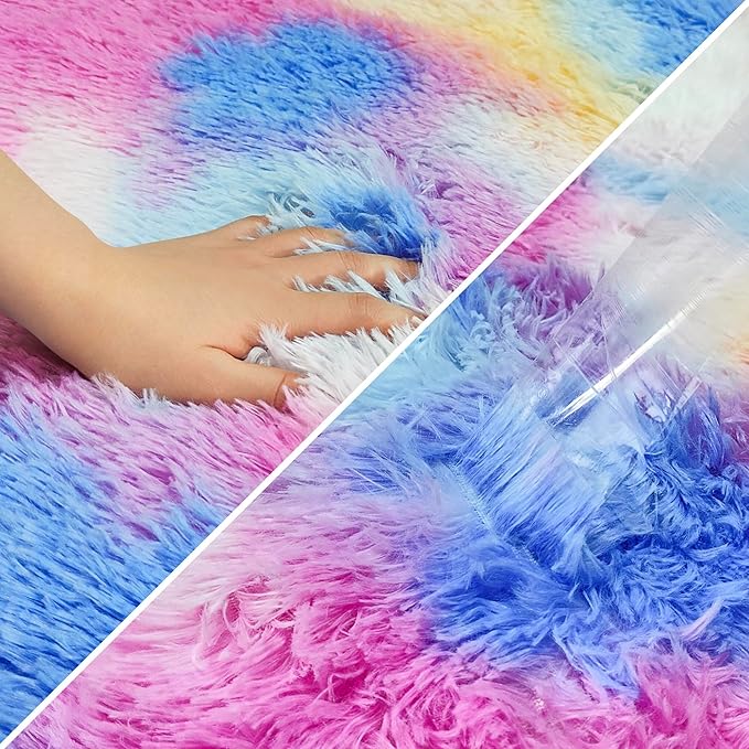 Fluffy Rainbow Colorful Rug for Living Room 5x8 Kawaii Rainbow Tie Dye Area Rug Fuzzy Indoor Floor Unicorn Rug for Bedroom Girls Kids Nursery Baby Princess Room Dorm Home Decor Aesthetic Carpets