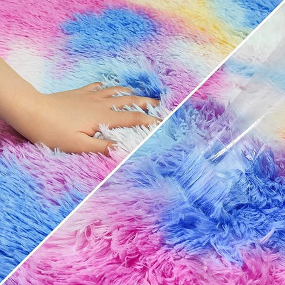Fluffy Rainbow Colorful Rug for Living Room 5x8 Kawaii Rainbow Tie Dye Area Rug Fuzzy Indoor Floor Unicorn Rug for Bedroom Girls Kids Nursery Baby Princess Room Dorm Home Decor Aesthetic Carpets