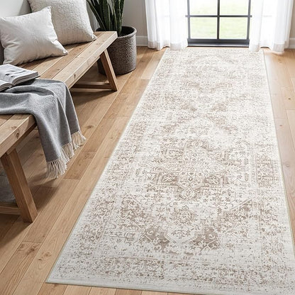 4x8 Washable Hallway Runner Rug - Wide Kitchen Runners Vintage Low Pile Carpet Soft Thin Floor Runner with Rubber Backing for Entryway Bedroom Living Room Home Decor (Cream/Camel)