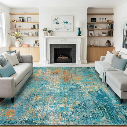 Washable Area Rugs 5'x8' Non-Slip Modern Abstract Soft for Living Room Entryway Bedroom Nursery, Print Pattern, Teal Blue Green Orange Rust Red Colorful