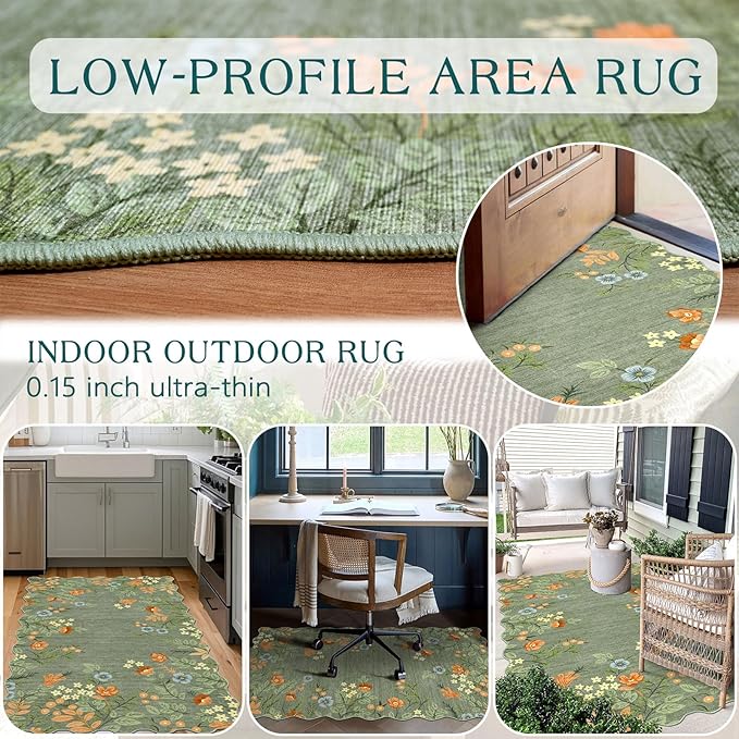 Sage Green Floral Entry Rug - 3x5 Ft Washable Indoor Outdoor Mats for Front Door Non-Slip Porch Rug Non-Slip Boho Throw Rugs for Living Room Bedroom Entryway Kitchen Office Porch Decor