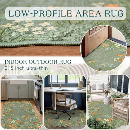 Sage Green Floral Entry Rug - 3x5 Ft Washable Indoor Outdoor Mats for Front Door Non-Slip Porch Rug Non-Slip Boho Throw Rugs for Living Room Bedroom Entryway Kitchen Office Porch Decor