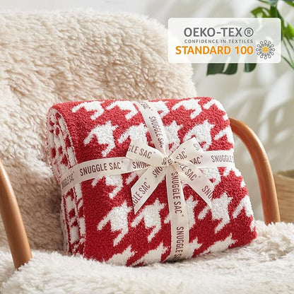 Snuggle Sac Ultra Soft Throw Blanket for Couch, Cozy Knitted Blankets, Fuzzy Knit Throws for Sofa, Bed, Home Decor, Houndstooth Red 50"x60"