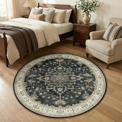Area Rugs Round 4ft Washable Non-Slip, Floral Vintage Distress Print Pattern Medallion Carpet for Living Room Bedroom Dining Room, Vintage Black Brown Neutral