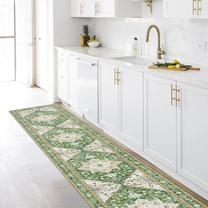 Yamaziot Washable Runner Rug, 2x10 Non-Slip Boho Vintage Hallway Rug Runner with Rubber Backing, Stain Resistant & Low Pile Faux Wool Distressed Carpet Runner for Kitchen, Laundry, Entrance, Green