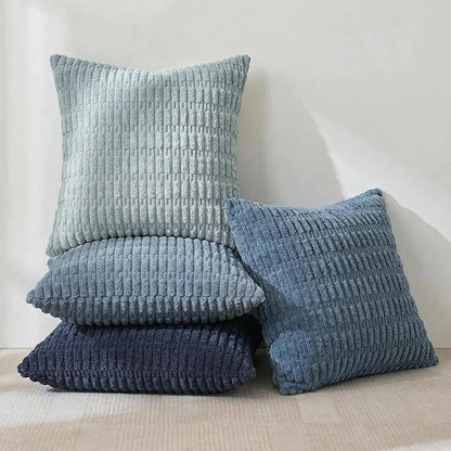 Fancy Homi Set of 4 Blue Decorative Throw Pillow Covers 18x18 Inch for Couch Bed Chair, Modern Farmhouse Boho Room Decor, Soft Fuzzy Corduroy Textured Striped Coastal Blue Cushion Case 45cm