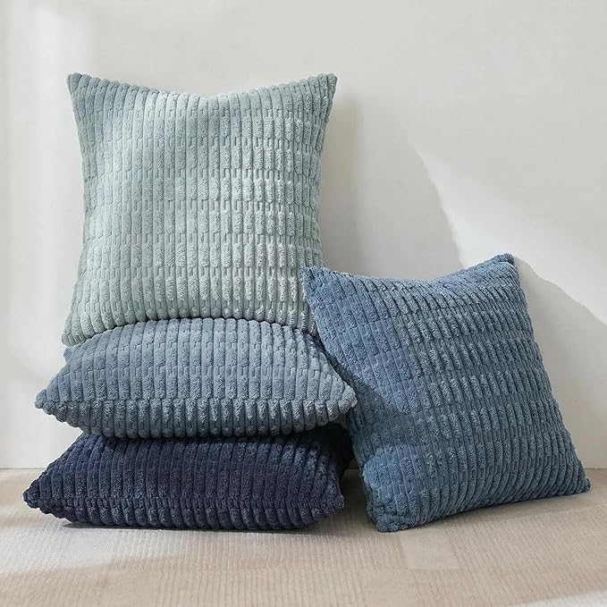 Fancy Homi Set of 4 Blue Boho Decorative Throw Pillow Covers 26x26 Inch for Couch Bed Sofa, Aesthetic Modern Bohemian Room Decor, Fuzzy Fluffy Cozy Corduroy Textured Coastal Blue Cushion Case 66x66cm