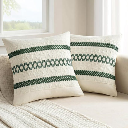 MIULEE Set of 2 Dark Green Boho Christmas Decorative Pillow Covers 20x20 Inch Farmhouse Rustic Couch Throw Pillows Modern Spring Cotton Cushion Cover Retro Macrame Woven Home Decor for Bed Sofa Chair