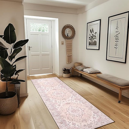 RELEANY Area Rugs 2'x8' Runner Rug Non Slip Washable for Kitchen Hallway Bedroom Beside Laundry Room Bathroom Rug, Floor Carpet, Pink Greypink Cute