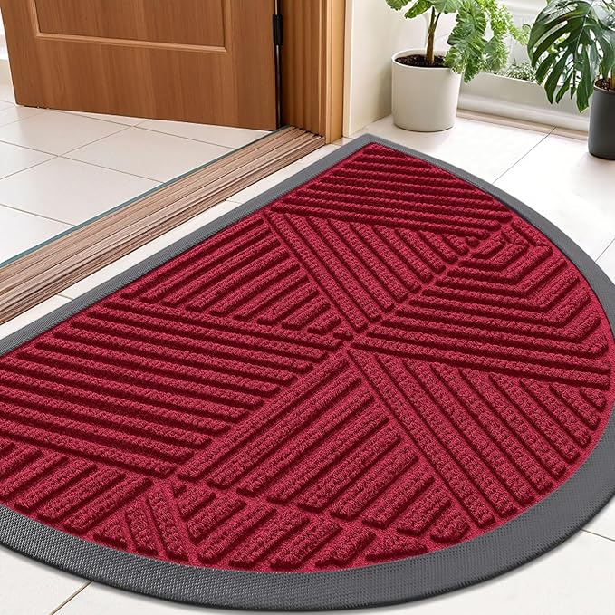 Smiry Half Circle Front Door Mat Outside Entrance, Heavy Duty Sturdy Natural Rubber Doormat, Trap Dirt and Moisture, Low Profile Mats for Indoor Outdoor Entry, Irregular Triangle (35x23, Wine Red)