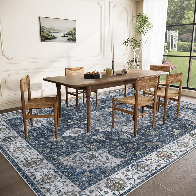 Area Rug 8x10 Washable Rug, Vintage Boho Medallion Rugs Non-Slip Soft Low Pile Large Distressed Rug Indoor Retro Carpet for Living Room Bedroom Dining Room Home Office (Vintage Blue, 8'x10')