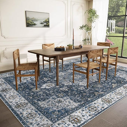 Area Rug 8x10 Washable Rug, Vintage Boho Medallion Rugs Non-Slip Soft Low Pile Large Distressed Rug Indoor Retro Carpet for Living Room Bedroom Dining Room Home Office (Vintage Blue, 8'x10')
