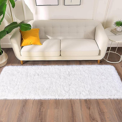 Soft Runner Rugs for Bedroom Hallways New Upgraded Non-Slip Bottom, 2 Packs 2x6 White Fluffy Shag Throw Area Rug for Bedside Dorm, Long Shaggy Furry Carpet for Nursery Living Room