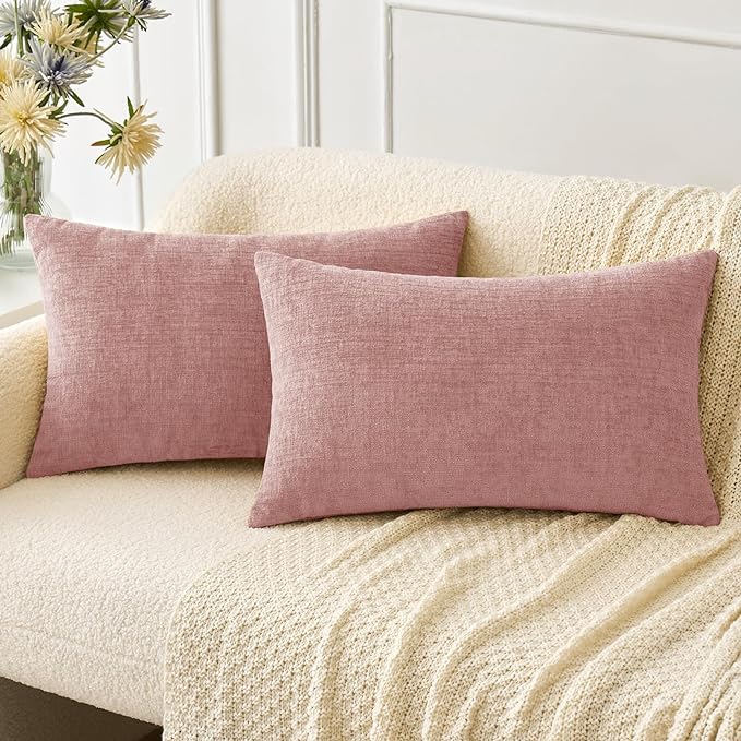 MIULEE Pack of 2 Couch Valentines Throw Pillow Covers 12x20 Inch Soft Spring Blush Pink Chenille Lumbar Pillow Covers for Sofa Living Room Solid Dyed Cases
