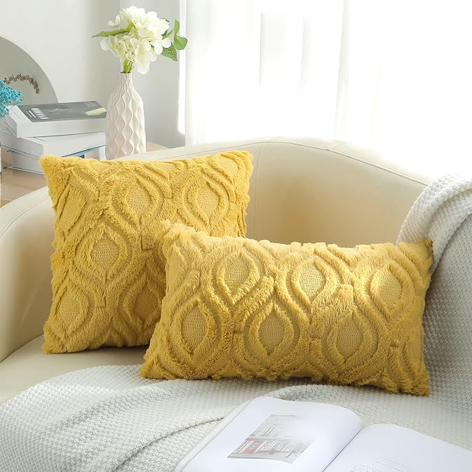 decorUhome Summer Throw Pillow Covers 18x18 Inch Set of 2, Soft Plush Faux Wool Mustard Yellow Solid Couch Pillow Covers, Accent Farmhouse Neutral Square Pillow Cases for Sofa Bed Living Room