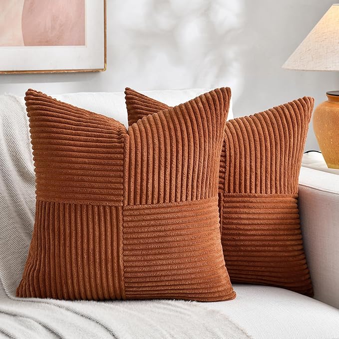 Fancy Homi 2 Packs Rust Samll Decorative Throw Pillow Covers 12x12 Inch with for Living Room Couch Bed, Farmhouse Boho Home Decor, Soft Corss Patchwork Corduroy Square Terracotta Cushion Case 30x30 cm