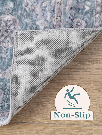 SERISSA Boho Washable Runner Rug, 2x5 Rug Non-Slip Vintage Floral Hallway Kitchen Runner Rug Ultra Soft Print Distressed Blue Grey Floor Carpet for Bedroom Bathroom Laundry Room