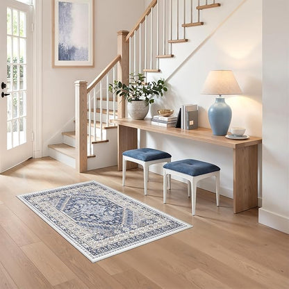 zesthome 2x3 Entryway Rug, Soft Washable Rugs, Non Slip Area Rug, Stain Resistant Low Pile Rugs for Bedroom, Vintage Rug for Door Mat, Kitchen (Blue/Beige,2'x3')