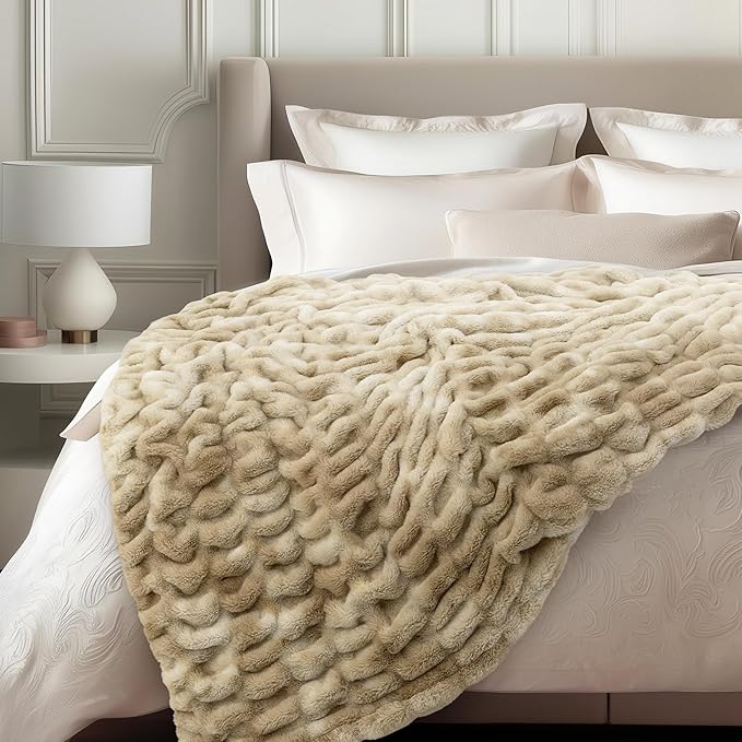 Ultra Soft Cozy Faux Fur Throw Blanket, Fuzzy Plush Thick Bubble Blanket, Oversize Luxury Fluffy Blanket for Couch, Sofa, Bedroom, and Living Room,50x60 Inches,Double Sided Tie-Dye Camel