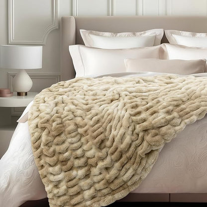 Ultra Soft Cozy Faux Fur Throw Blanket, Fuzzy Plush Thick Bubble Blanket, Oversize Luxury Fluffy Blanket for Couch, Sofa, Bedroom, and Living Room,50x60 Inches,Double Sided Tie-Dye Camel