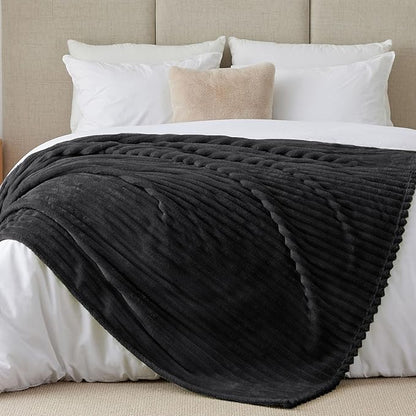 BEDELITE Full Size Blanket for Bed, 300GSM Soft & Warm Fleece Black Blanket, Decorative and Giftable Striped Blankets for Women, Men, 84"x90"