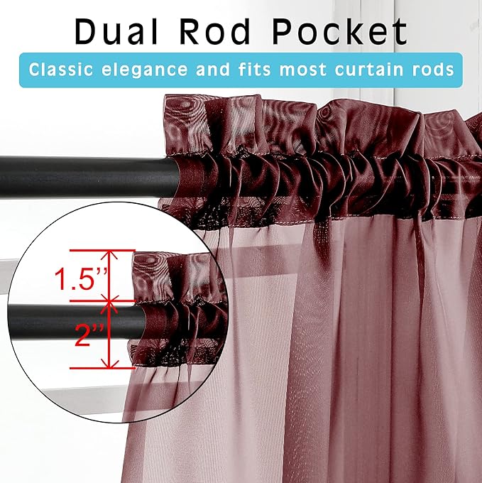 OVZME Burgundy Sheer Curtains 84 inch Length 2 Panels Set, Light Filtering Sheer Privacy Curtain Drapes, Rod Pocket Window Treatments Voile Curtains for Living Room Bedroom, 42" W x 84" L