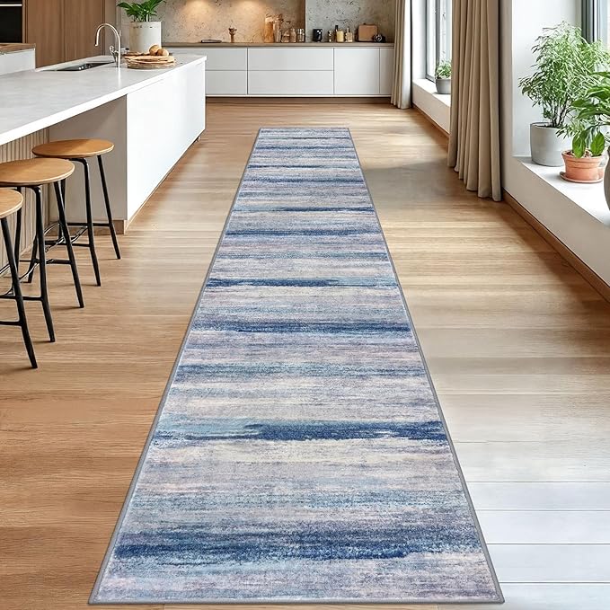 KOZYFLY Modern Abstract Washable Rug Runner 2.6x16 Hallway Rug Runner Non-Slip Soft Kitchen Runner Rugs, Blue/Grey/Beige Striped Carpet for Stair Entryway Bathroom Laundry Room Foyer