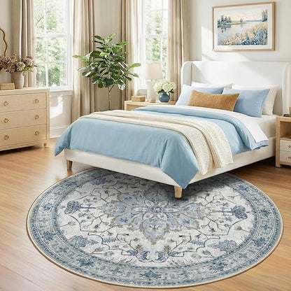 Area Rugs 8ft Washable Non-Slip, Floral Vintage Distress Print Pattern Medallion Carpet for Living Room Bedroom Dining Room, Light Blue Navy Beige Gray White