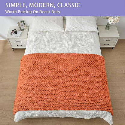 Bigacogo Chunky Knit Throw Blanket for Couch, 40x80 inches, 100% Hand Knitted with Thick Jumbo Chenille Yarn, Cozy Soft Large Rope Knot Cable Crochet Blankets for Sofa Bed Living Room, Terracotta
