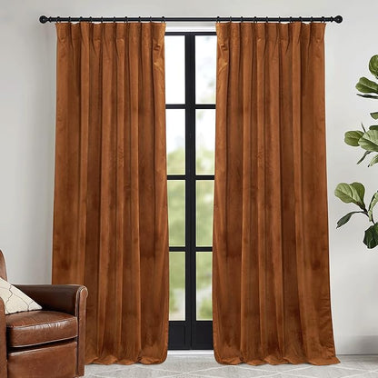 RYB HOME Orange Velvet Curtains 102 inches with Hook Belt, Soft Fabric Room Darkening Thermal Insulated Luxurious Home Decor Curtains for Living Room Bedroom, W 52" x L 102", 2 Panels Set
