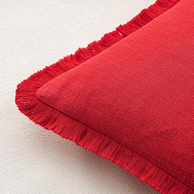 MIULEE Decorative Throw Pillow Covers Neutral Linen Fringe Throw Pillows Set of 2 Red Boho Farmhouse Cushion Covers with Tassels for Couch Sofa Bed Living Room Spring Home Decor 18x18 Inch
