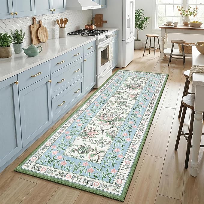 GarveeHome Blue Green Pink Washable 6x9 Area Rugs, Botanical Grove Vintage Cottagecore Non-Slip Rug for Living Room Bedroom Nursery Kitchen Low-Pile Retro Large Carpet