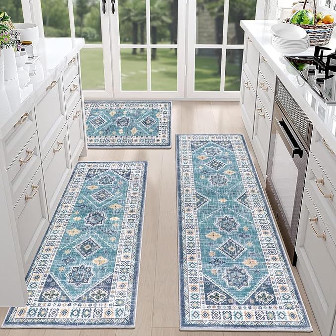 HEBE Boho Kitchen Rug Sets 3 Piece with Runner Non Slip Kitchen Rugs and Mats Washable Kitchen Mats for Floor Thick Kitchen Floor Mat Carpet Runner Rugs for Hallway Laundry Holiday Decor