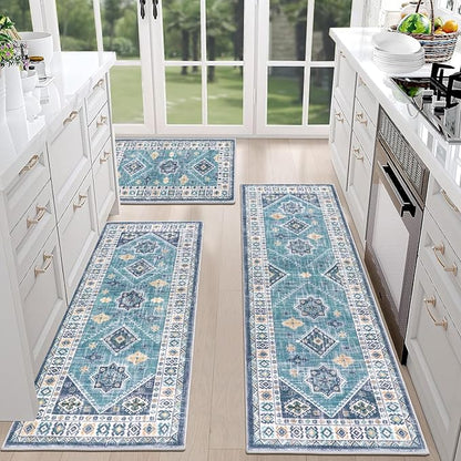 HEBE Boho Kitchen Rug Sets 3 Piece with Runner Non Slip Kitchen Rugs and Mats Washable Kitchen Mats for Floor Thick Kitchen Floor Mat Carpet Runner Rugs for Hallway Laundry Holiday Decor