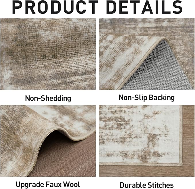 6x9 Area Rugs Washable Rug: Large Modern Abstract Living Room Rug Soft Anti-Skid Thin Carpet Indoor Floor Non-Shedding Carpets for Bedroom Dining Room Farmhouse Nursery Home Office Brown White